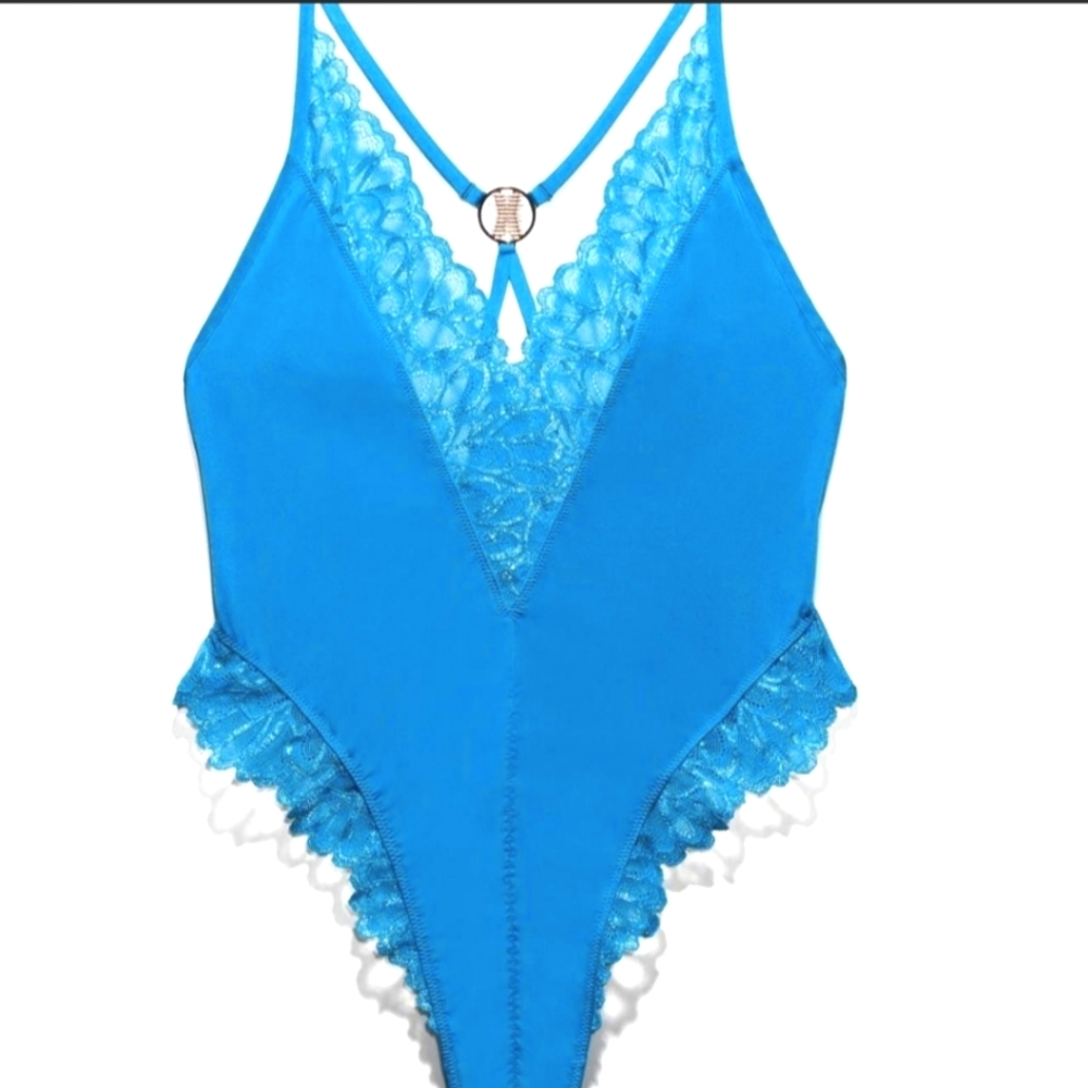 NWT Savage X Fenty Savage Not Sorry Lace Teddy bodysuit sz Small ocean blue